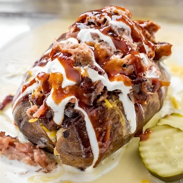 Fire It Up BBQ baked potato loaded with pulled pork, cheese, sour cream, and barbecue sauce.